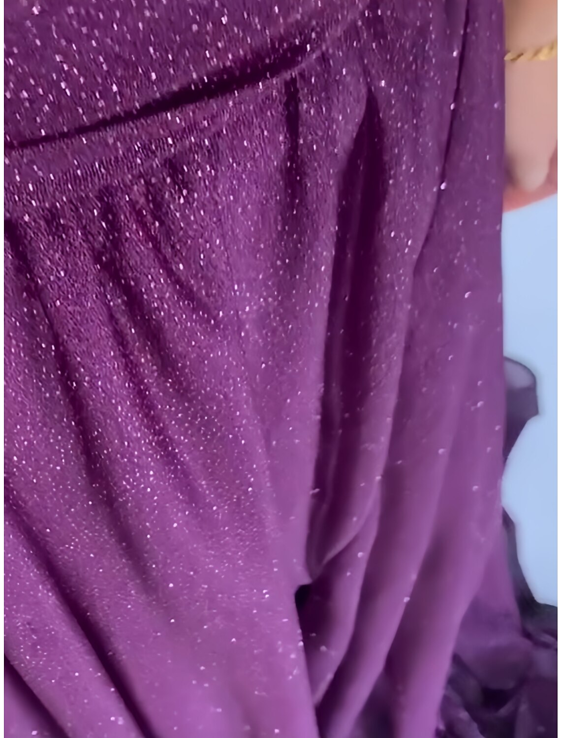 Abito da sera a trapezio, abito da festa, formale, con strascico a ruota, manica lunga, monospalla, in chiffon con pieghe glitterate